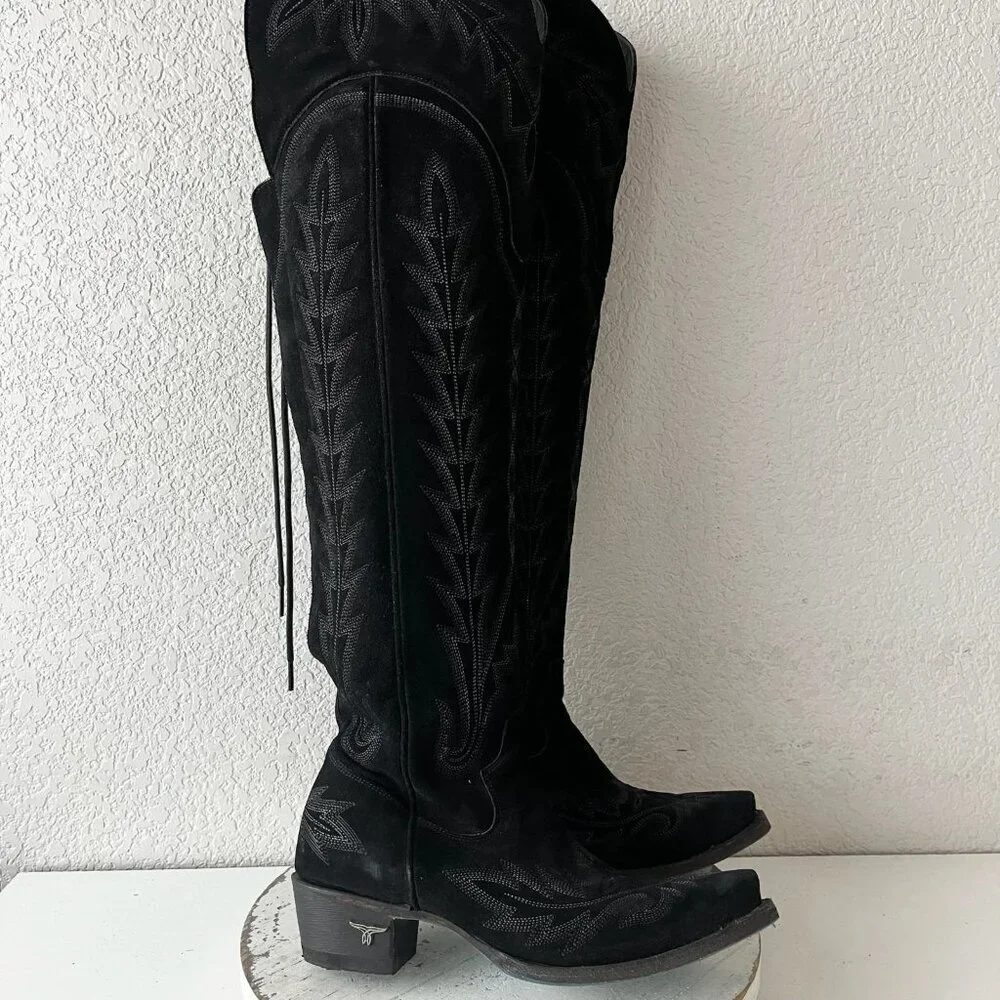 Lane LEXINGTON Over the Knee Cowboy Boots Black Suede Western Tall Snip Toe 7